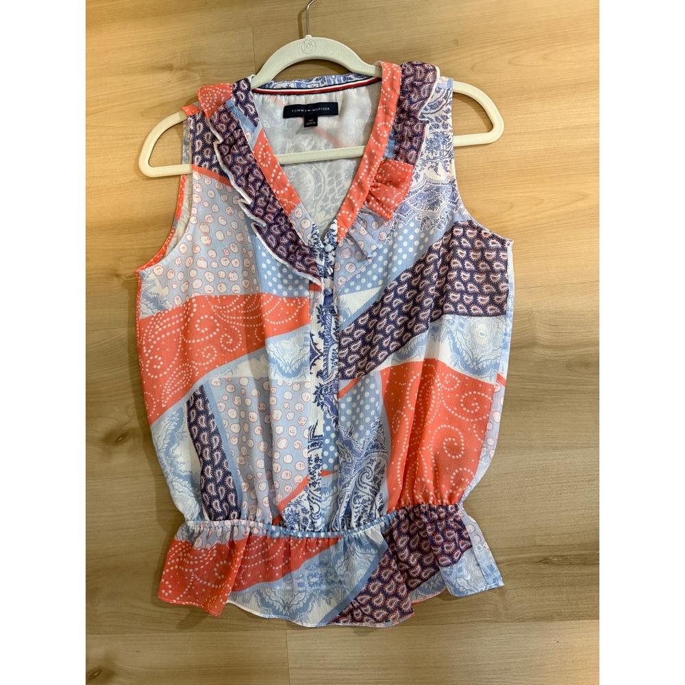 Tommy Hilfiger Sleeveless Blouse Multicolor S Women Ruffle V-Neck Patchwork - Picture 8 of 11